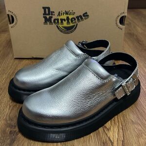 DR MARTENS Laketen silver leather sling back mules clogs slip on shoes sz 7 new